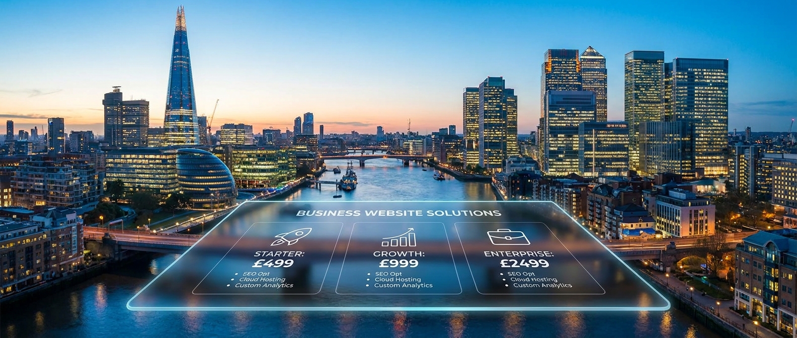A graphic showing a range of website costs in the UK, from low to high, with corresponding features and benefits for businesses.